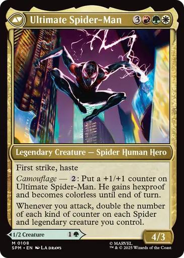 spider man miles morales mtg card / Ultimate Spider-Man Borderless Foil - SPM trample (Attacking doesnt cause this creature to tap Foil Miles Morales (borderless) (211)